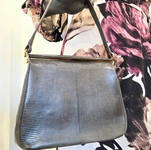 Jane Shilton Vintage Structured Handbag – Made in England – Faux Lizard Taupe